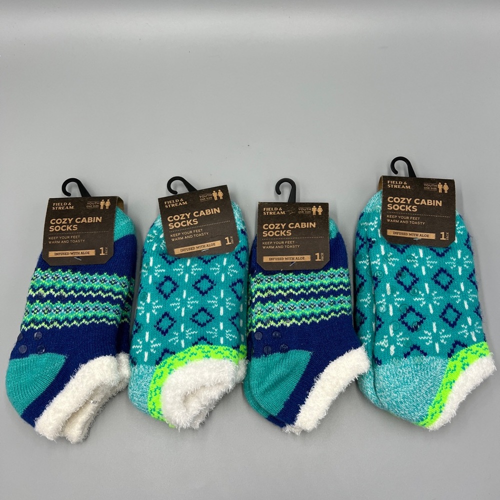 4 Pairs Youth Field & Stream Cozy Cabin Grip Bottom Socks, Aloe Infused, Sz 10-4